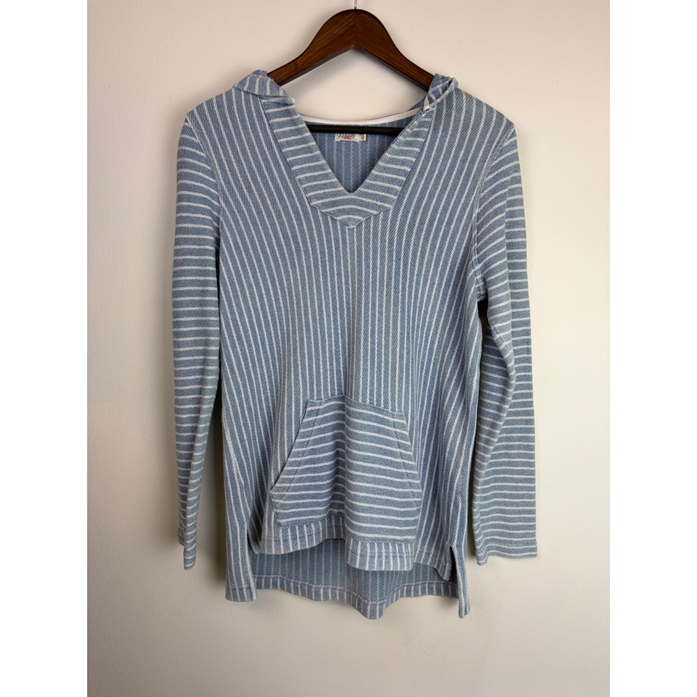 Faherty Baja Poncho Hoodie Small Blue Striped V-Neck Beach Surf Cotton Pullover